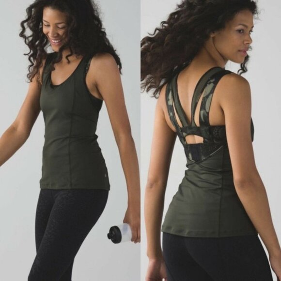 Lululemon Super Sport Tank Top Gator Green Biggie Fly‎ Size 2 Built in Bra Yoga - Picture 1 of 11